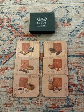 Vintage Jason New Zealand Cork Back Coasters Set of 6 Boxed Herb & Spice Theme